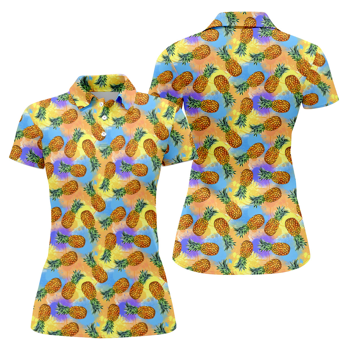 Watercolor Pineapple Tropical Pattern Golf Shirt, Women's Golf Shirt, Hawaiian Golf Shirt, Golf Polo For Women