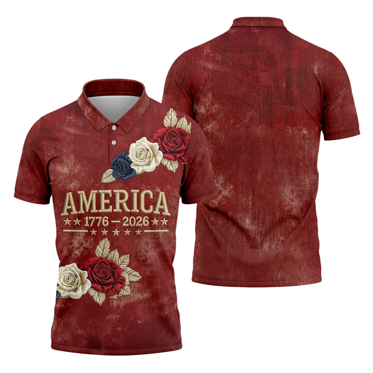 America 1776-2026 Patriotic Roses Vintage Golf Shirt, 250 Years 4th Of July Golf Shirts For Men
