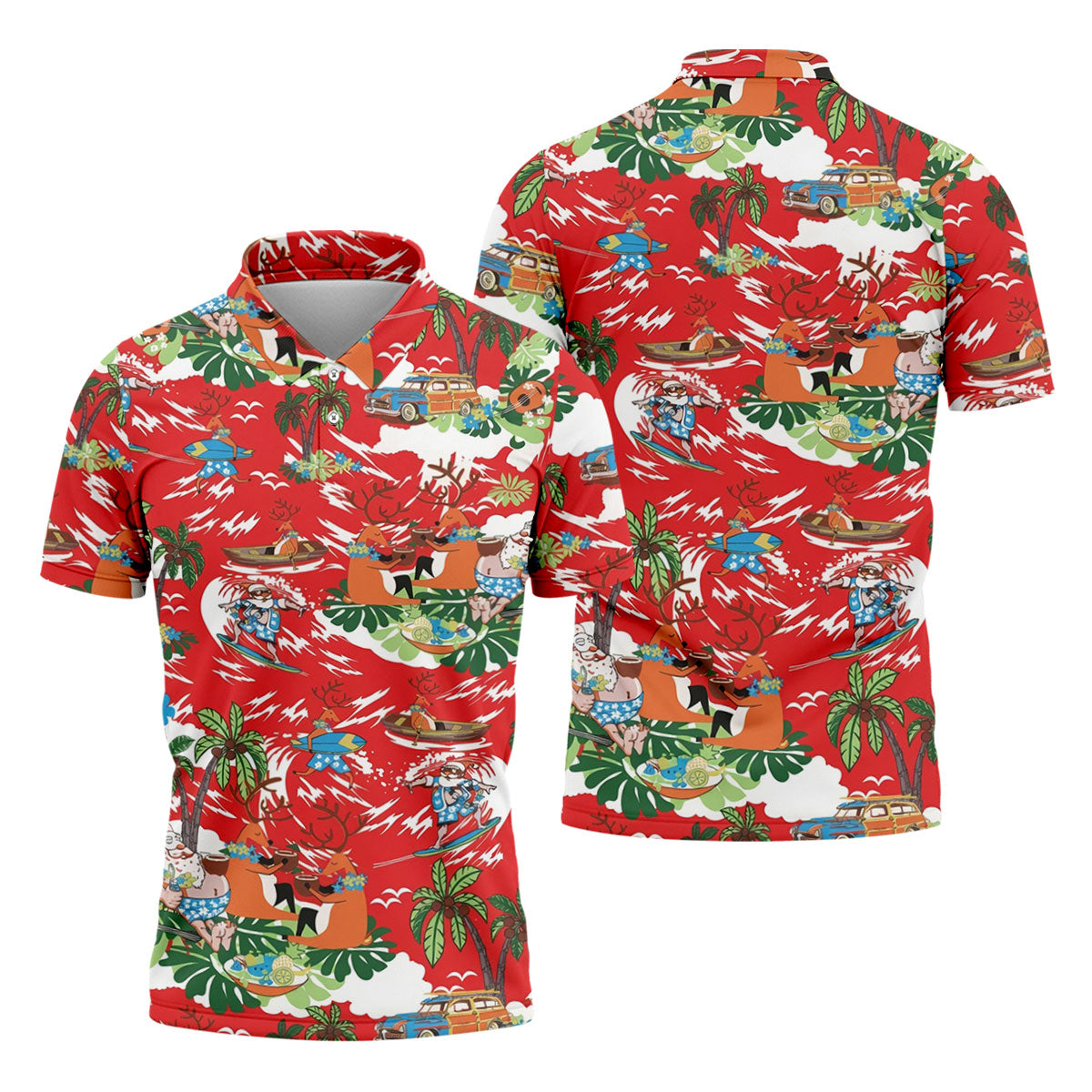 Men's Funny Tropical Santa Surfing Golf Shirt, Christmas Golf Shirt, Printed Golf Shirts