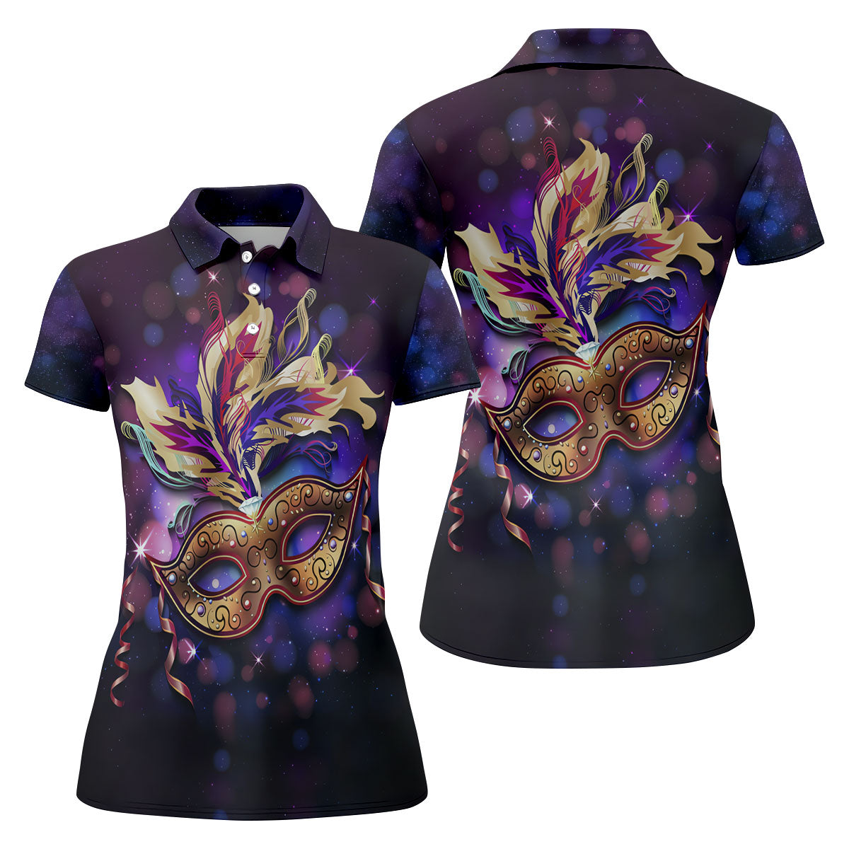 Mardi Gras Mask Feather Ribbon Purple Golf Shirt, Women's Golf Tops, Ladies Golf Shirt