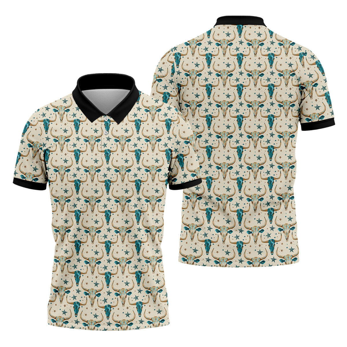 Cow Skulls Turquoise And Beige Western Theme Golf Tops For Men, Polo Shirtor Men, Golf Shirts For Men