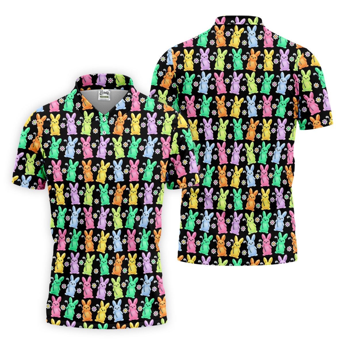 Colorful Easter Bunny Black Golf Shirt, Cute Golf Outfit, Golf Shirts For Men, Golf Gift For Men