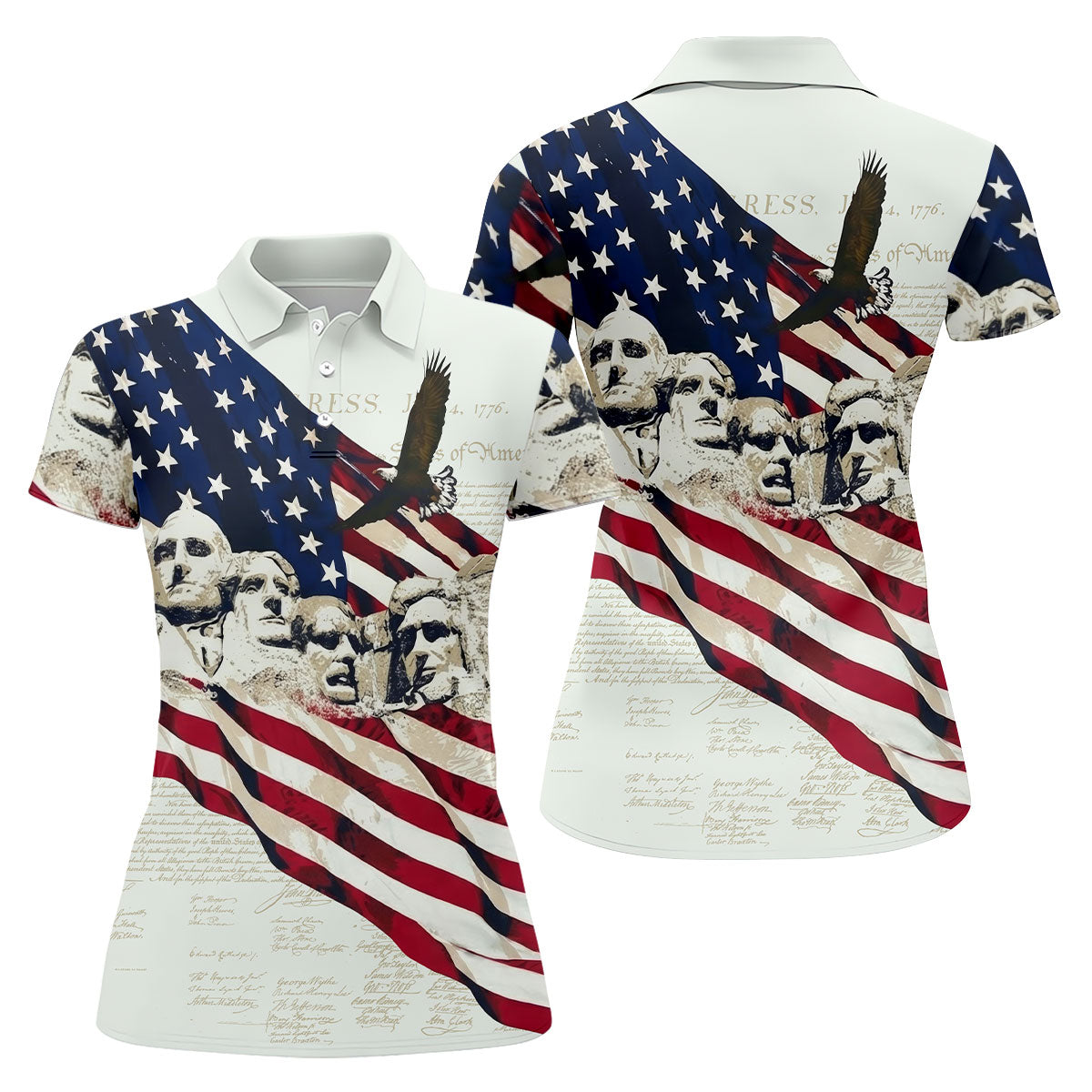 Mount Rushmore American Flag Pattern 4th Of July Patriotic Golf Shirt, 250th Anniversary Women's Golf Tops