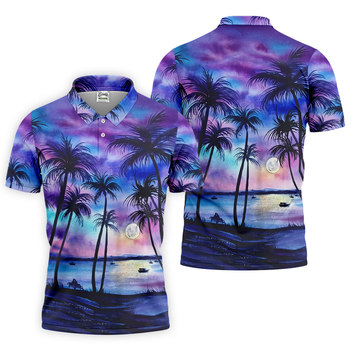 Moonlit Tropical Beach Palm Tree Design Hawaiian Golf Shirt, Golf Shirts For Men, Polo Shirts For Men