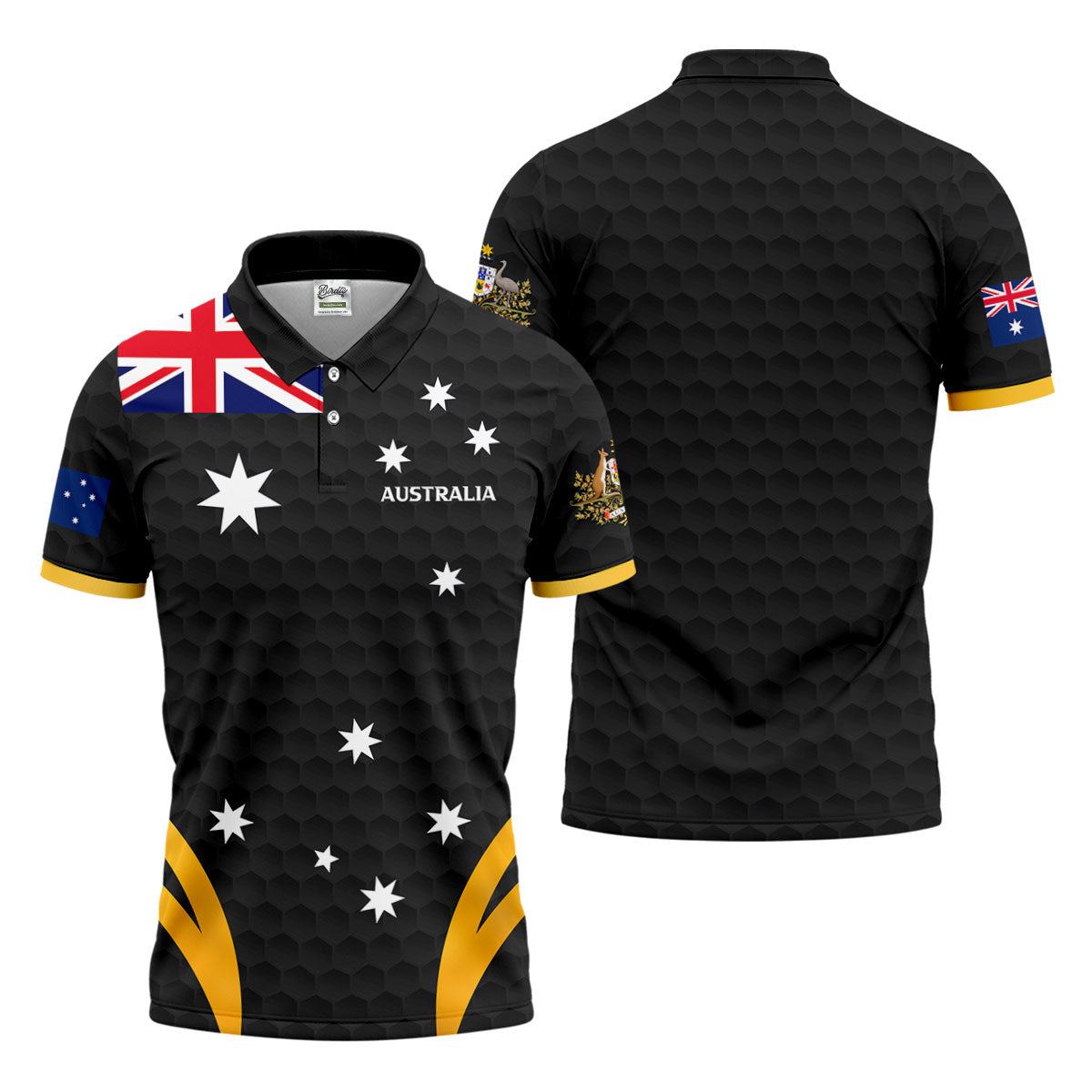 Australia Flag Print Golf Ball Pattern Black Golf Shirt, Australian Symbol Polo ShirtFor Men