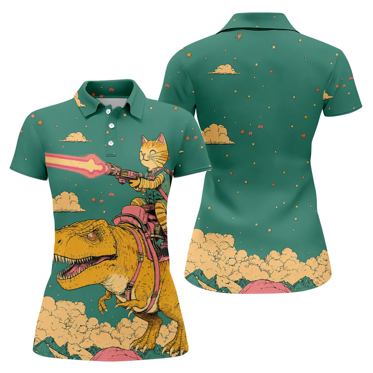 Laser Cat Dinosaur Golf Shirt, Retro Sci Fi T Rex Adventure Pattern, Golf Shirt For Women