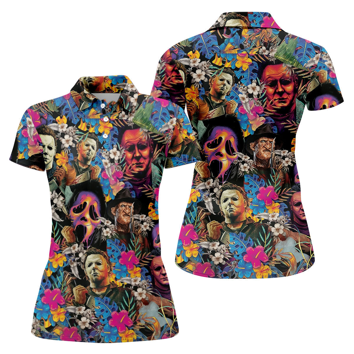 Tropical Horror Character Hawaiian Golf Shirt, Women's Golf Polo, Halloween Golf Apparel