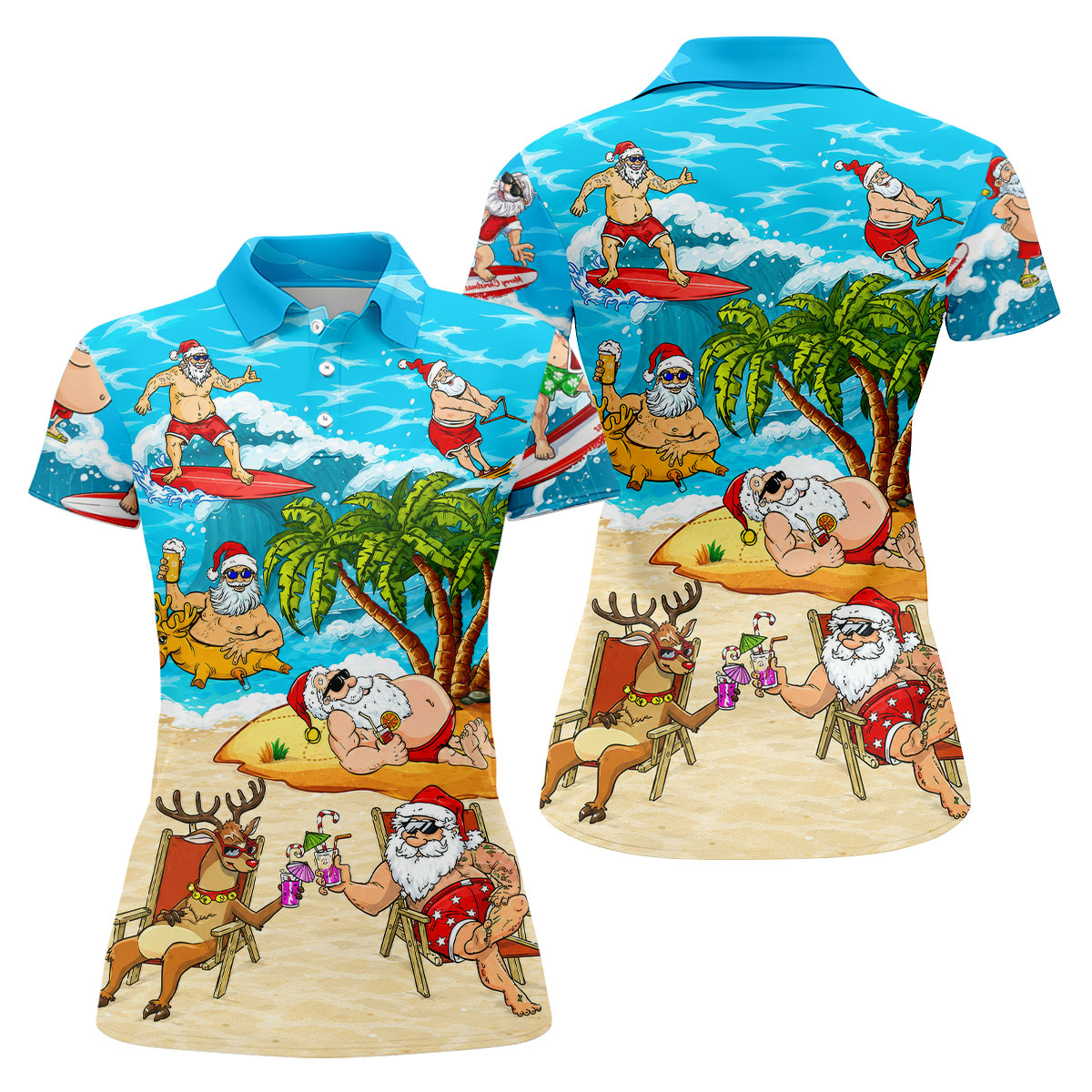 Funny Santa Beach Party Women's Golf Shirt, Christmas Golf Shirt, Women’s Golf Apparel