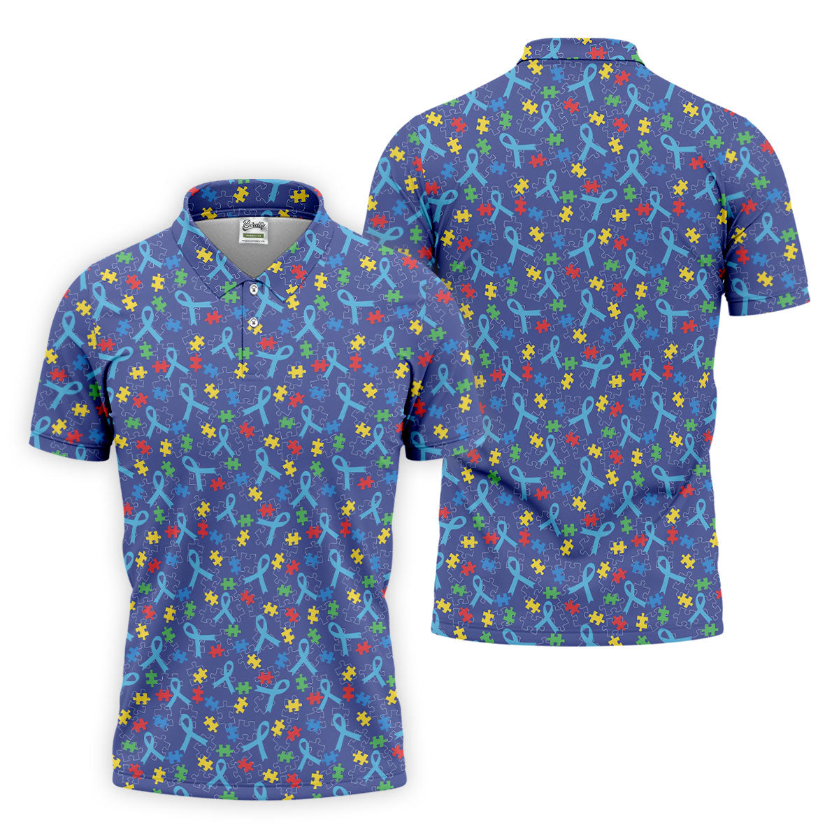 Autism Puzzle Ribbon Pattern Golf Tops For Men, Autism Awareness Color Polo ShirtFor Men, Golf Shirts For Men
