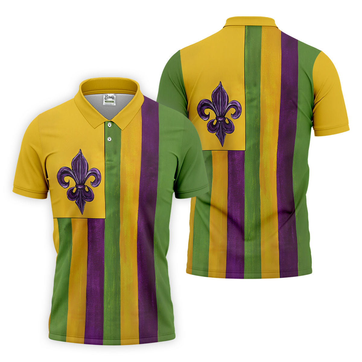 Purple Green Gold Vertical Stripes Fleur De Lis Flower Mardi Gras Golf Shirt, Polo ShirtFor Men, Golf Shirts For Men