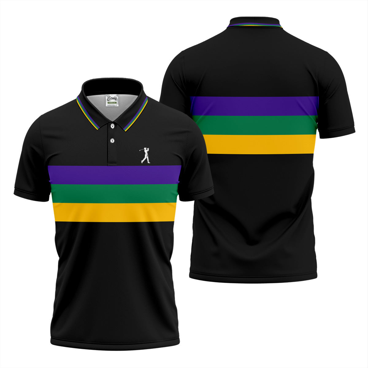 Mardi Gras Purple Green Gold Horizontal Stripes Black Golf Shirt, Golf Tops For Men, Polo ShirtFor Men
