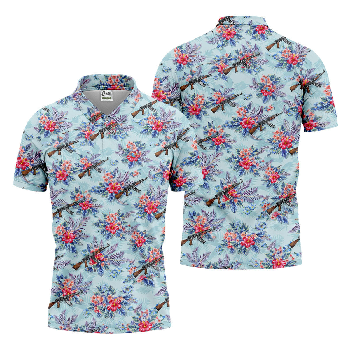 Hawaiian Floral Military Theme Light Blue Golf Shirt, Golf Shirts For Men, Polo ShirtFor Men