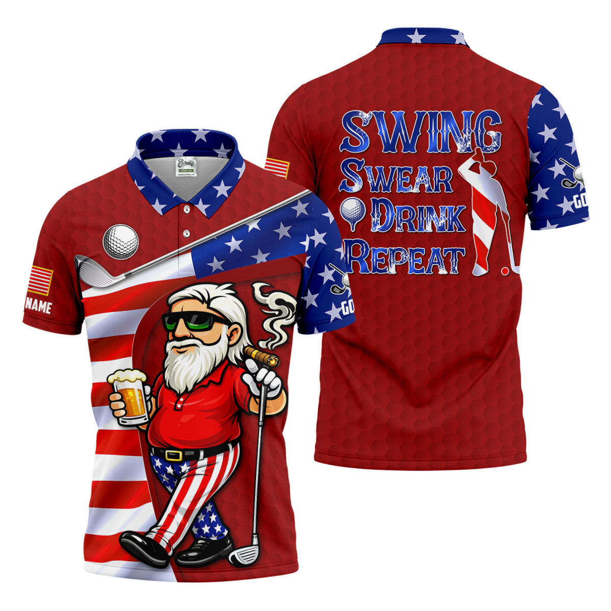 Swing Swear Drink Repeat Golf And Beer Patriotic Man 4th Of July Red Golf Shirt, 250 Years Golf Shirts For Men