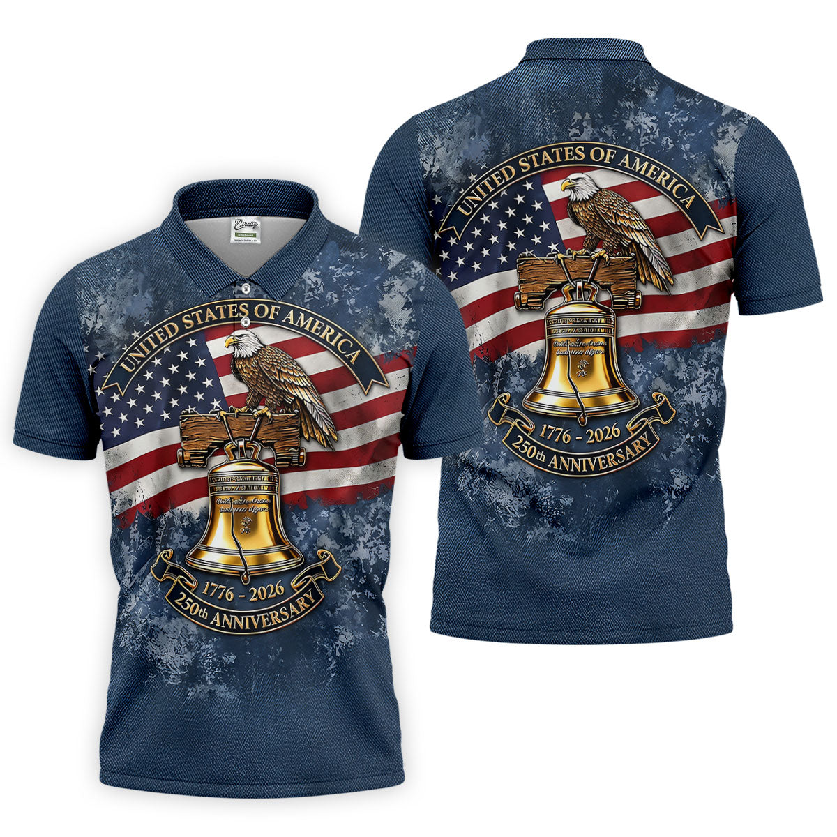Patriotic Bald Eagle Liberty Bell Distressed Golf Shirt, 250 Years 4th Of July Golf Shirts For Men