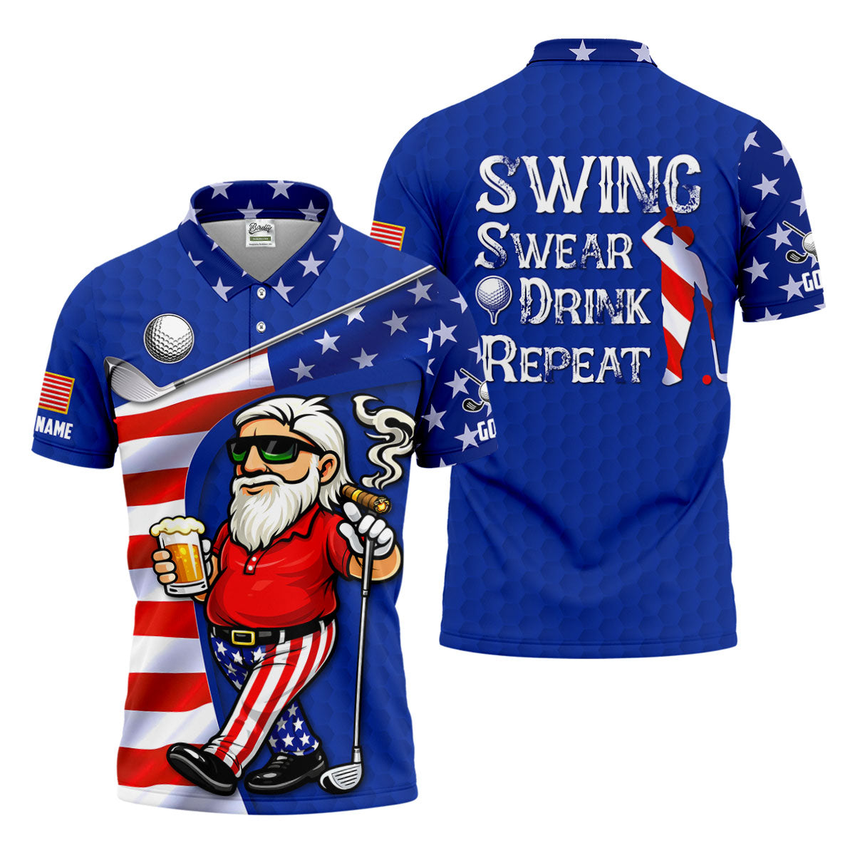 Swing Swear Drink Repeat Golf And Beer Patriotic Man 4th Of July Navy Golf Shirt, 250 Years Golf Shirts For Men
