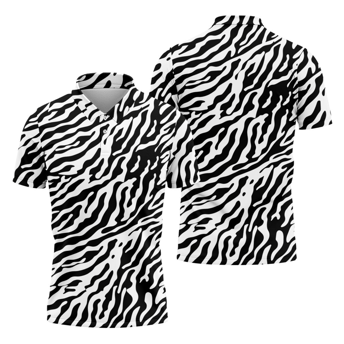Zebra Print Golf Shirt, Black White Animal Pattern Men's Golf Polo, Polo Shirts For Men