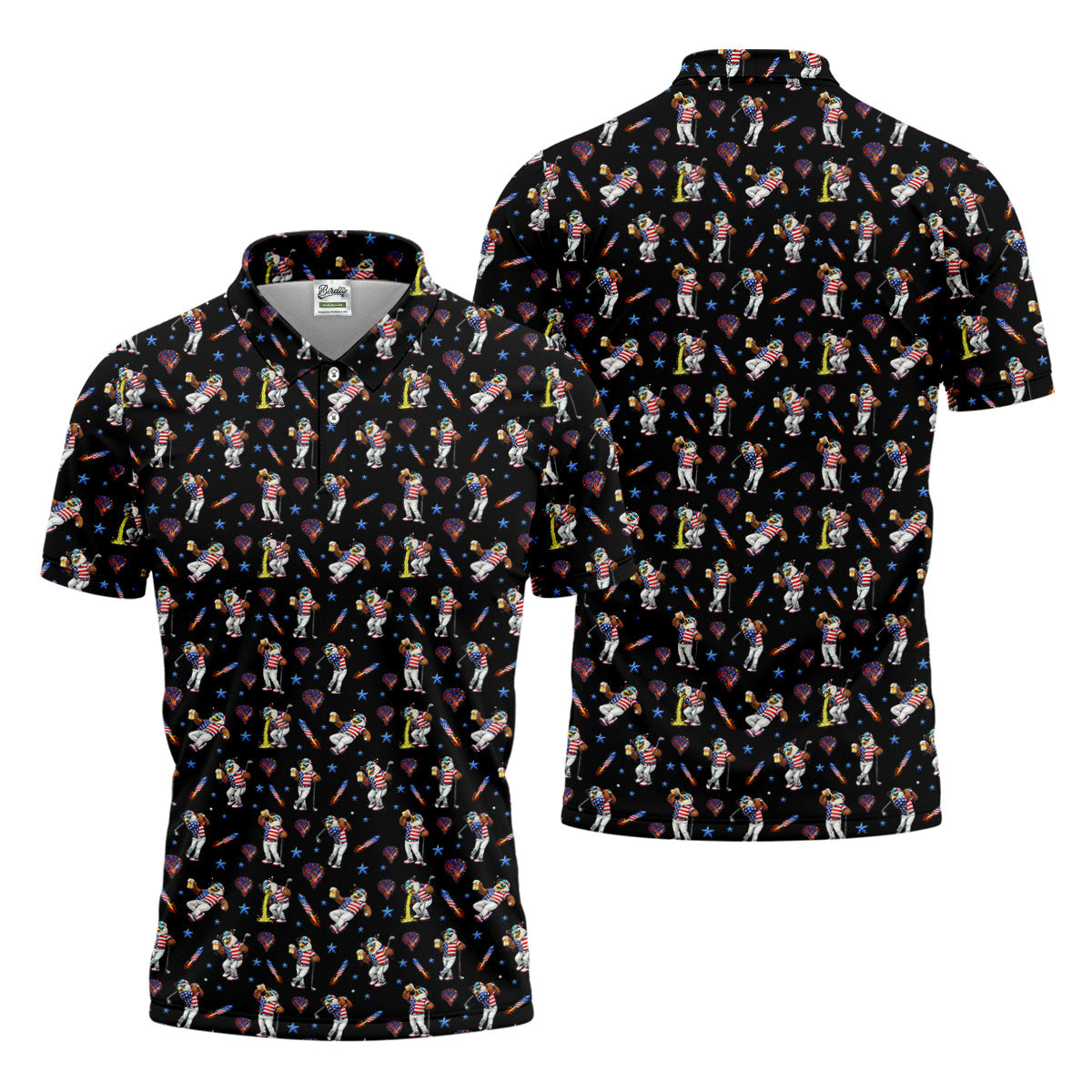 Patriotic Eagle Golf And Beer Funny 4th Of July Black Golf Shirt, 250th Anniversary Golf Shirts For Men