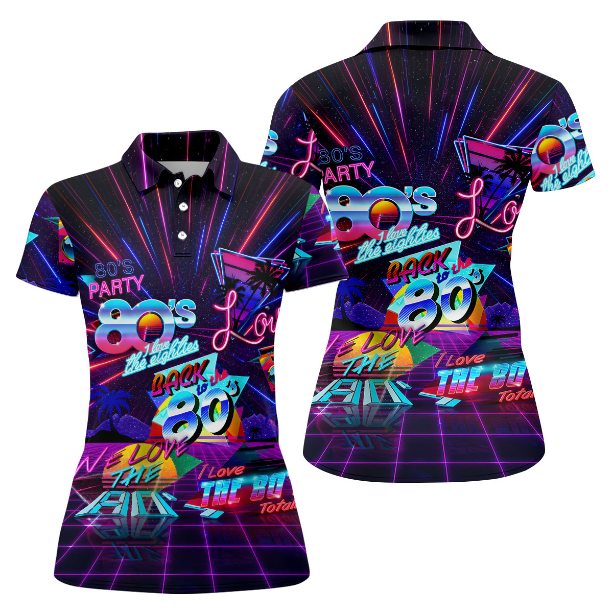 80s Retro Party Golf Shirt, Neon Synthwave Sunset Pattern, Golf Shirt For Women