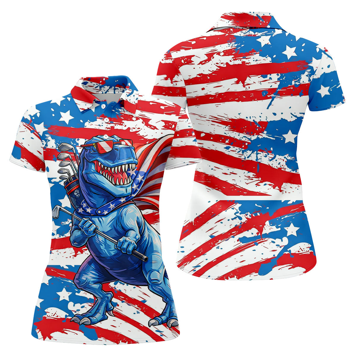 Funny Dinosaur USA Flag Print 250 Years Anniversary Golf Shirt For Women, 4th Of July Patriotic Golf Shirt
