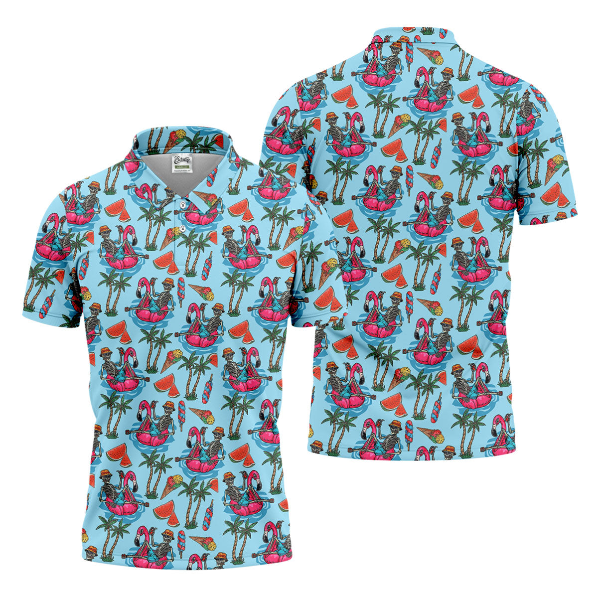 Skeleton Flamingo Summer Vibe Retro Golf Shirt, Men's Funny Golf Shirts, Polo ShirtFor Men, Golf Shirts For Men