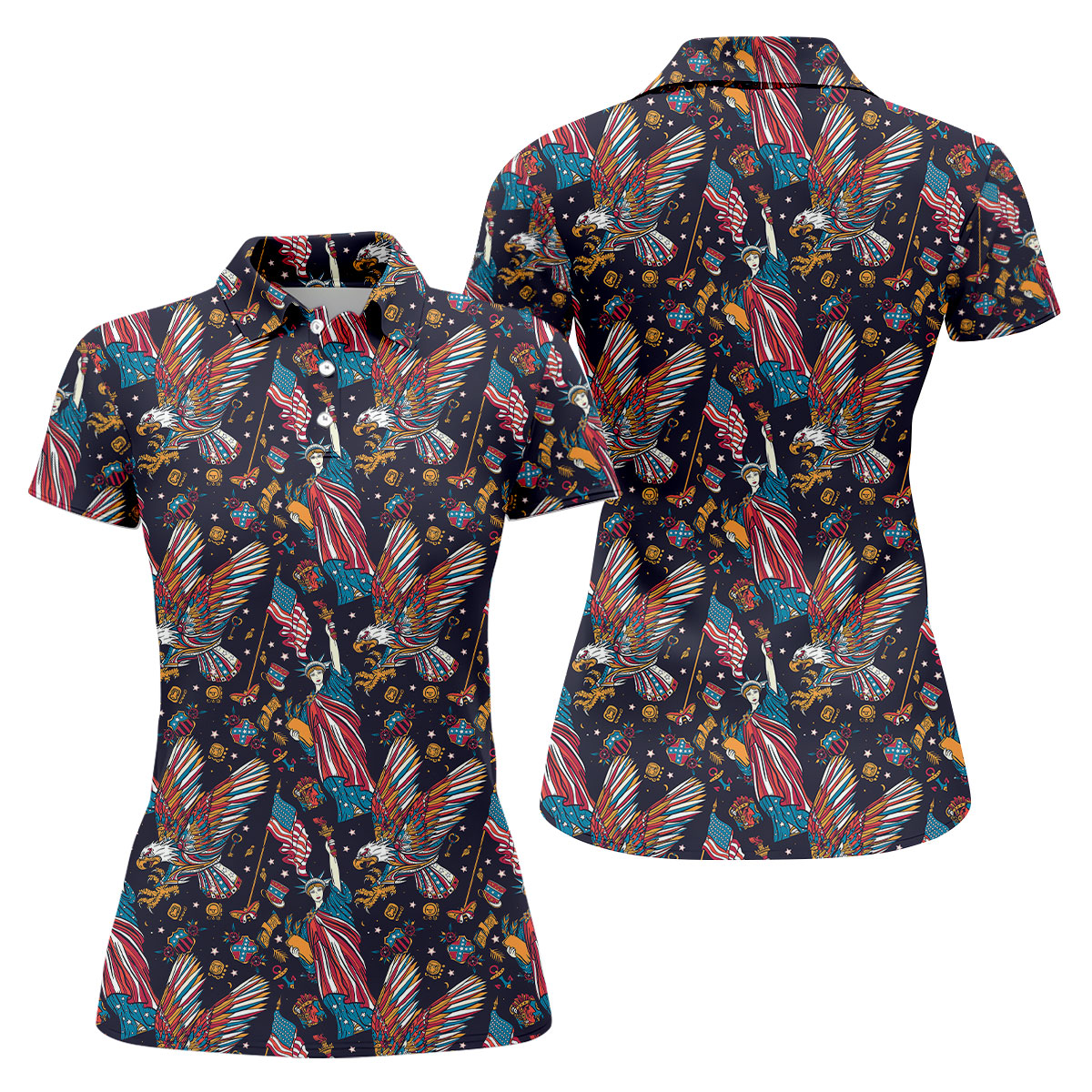 Patriotic American Eagle With Flag Statue Of Liberty Pattern 250th Anniversary Golf Shirt For Women