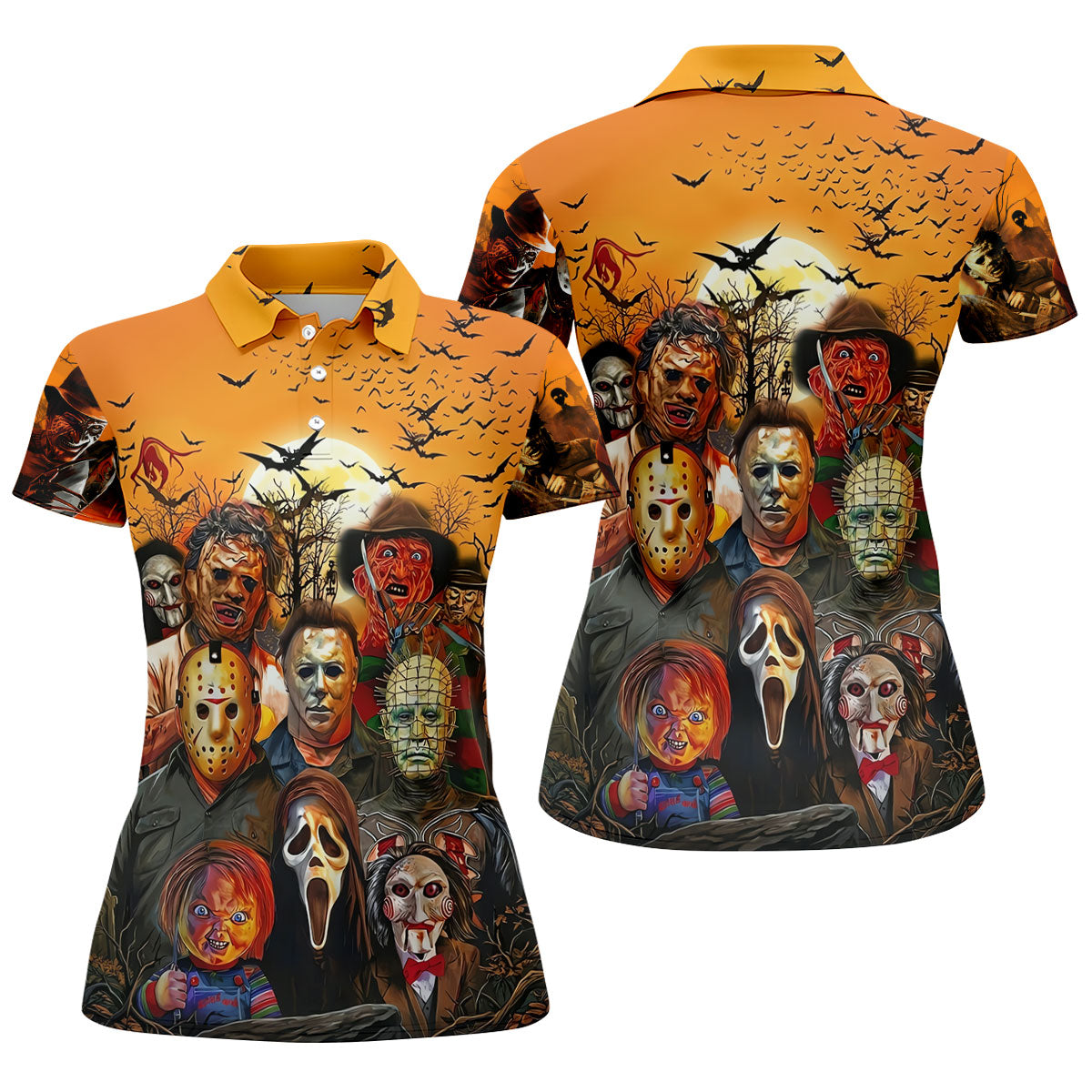 Halloween Horror Character Sunset Hawaiian Golf Shirt, Women's Golf Tops, Printed Golf Shirt