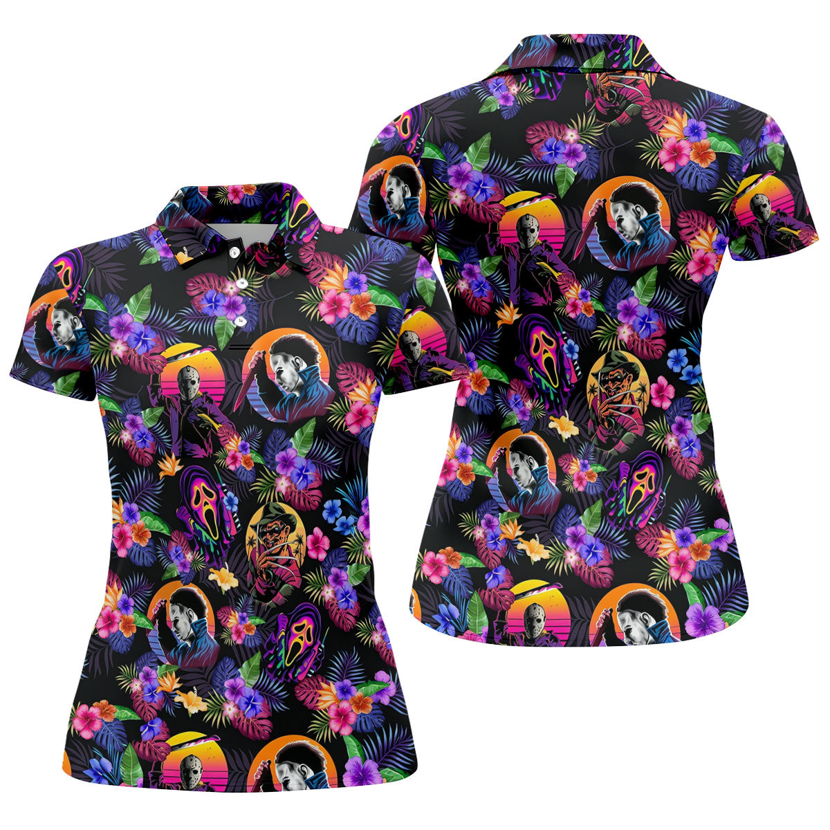 Retro Neon Horror Character Halloween Golf Shirt, Women’s Golf Polo, Printed Golf Shirt