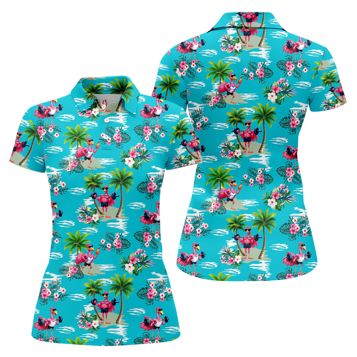 Funny Weightlifting Flamingo Tropical Hawaiian Golf Shirt, Golf Polo For Women, Printed Golf Shirt