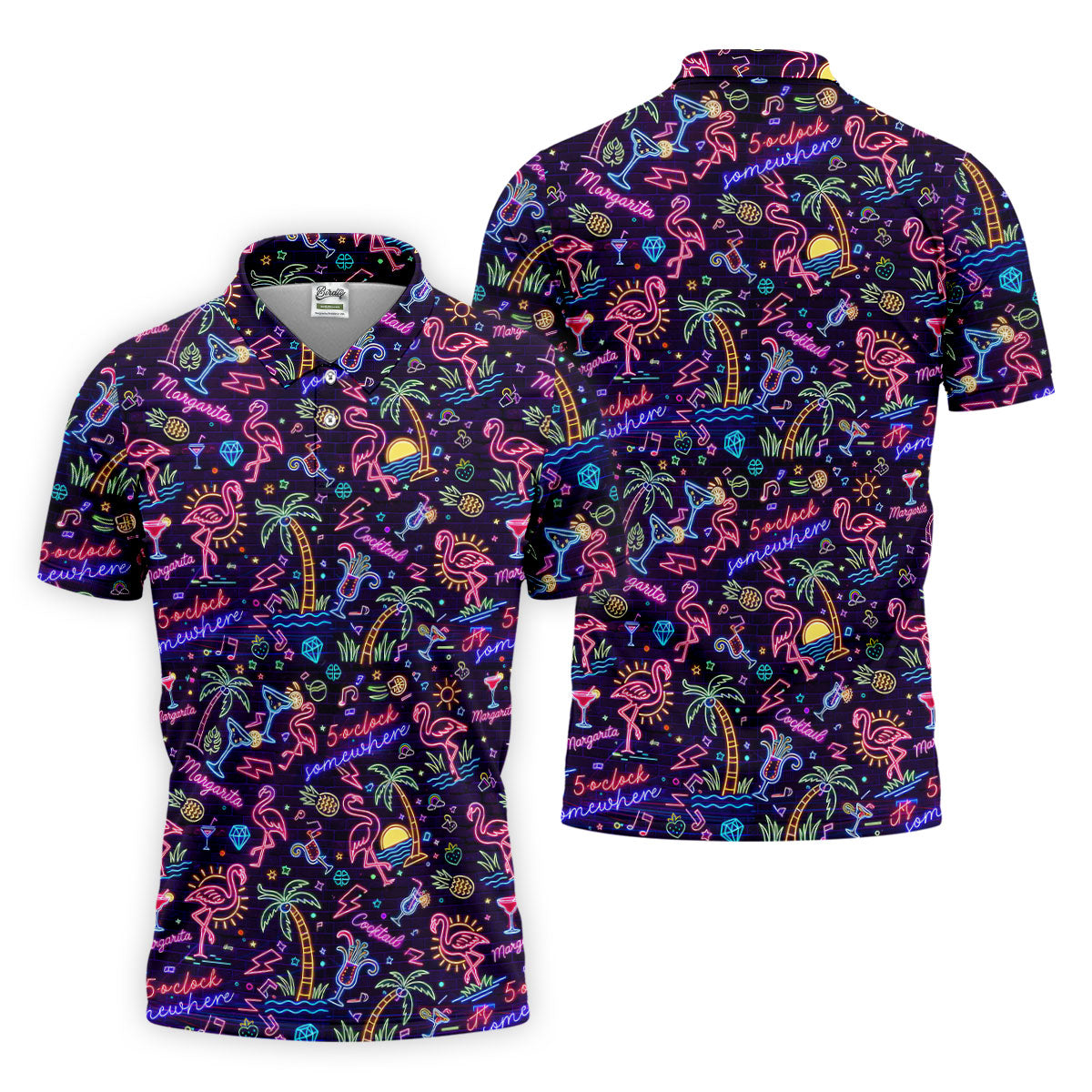 Tropical Theme Neon Pattern Black Golf Shirt, Men's Funny Golf Shirts, Polo ShirtFor Men