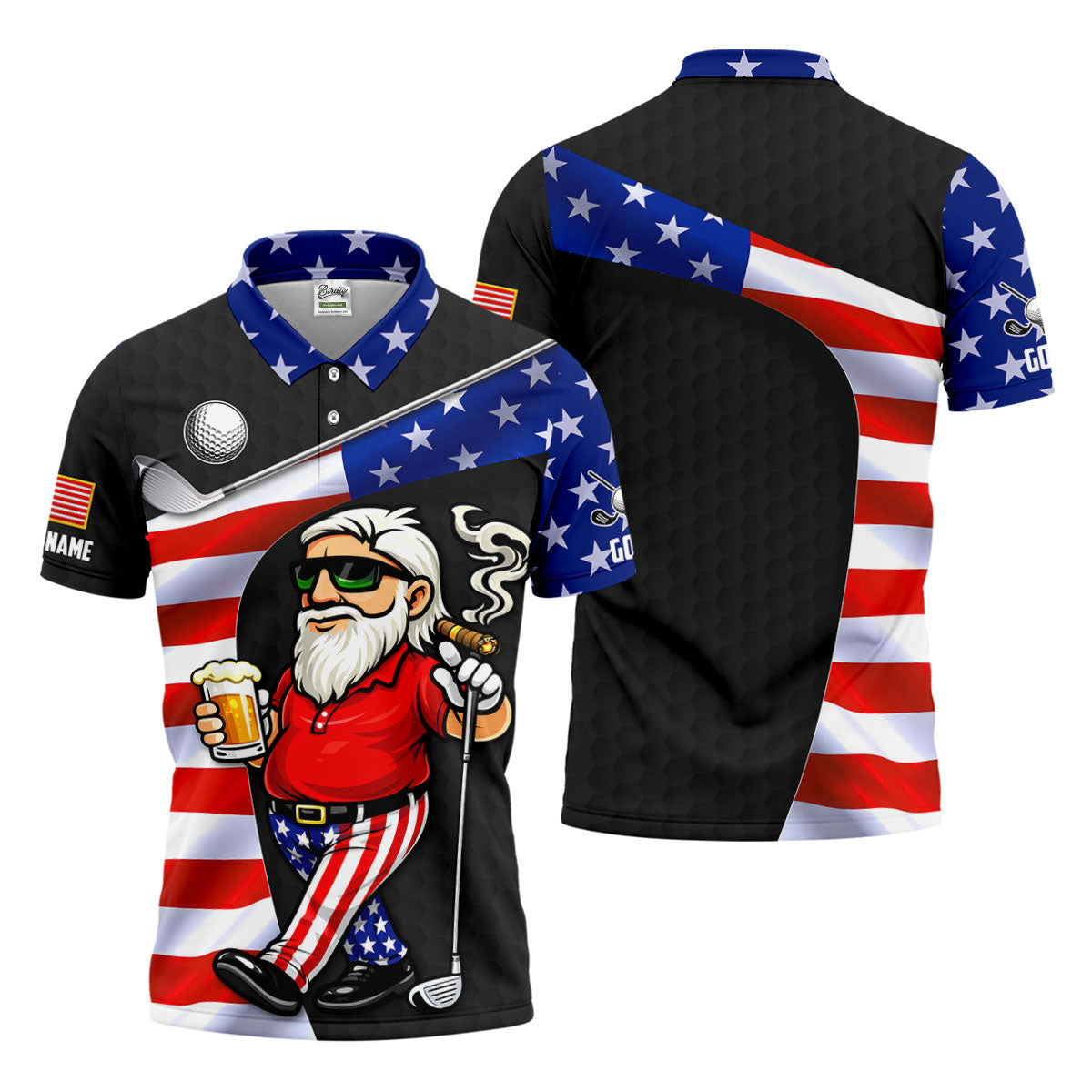 Golf And Beer Patriotic Man Golf Ball Pattern 4th Of July Black Golf Shirt, 250th Anniversary Golf Shirts For Men