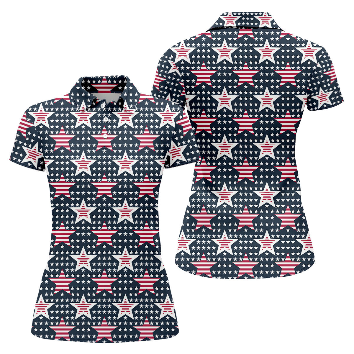 Red And White Stripe Stars Seamless Pattern 250th Anniversary Golf Shirt For Women, Patriotic Golf Shirt