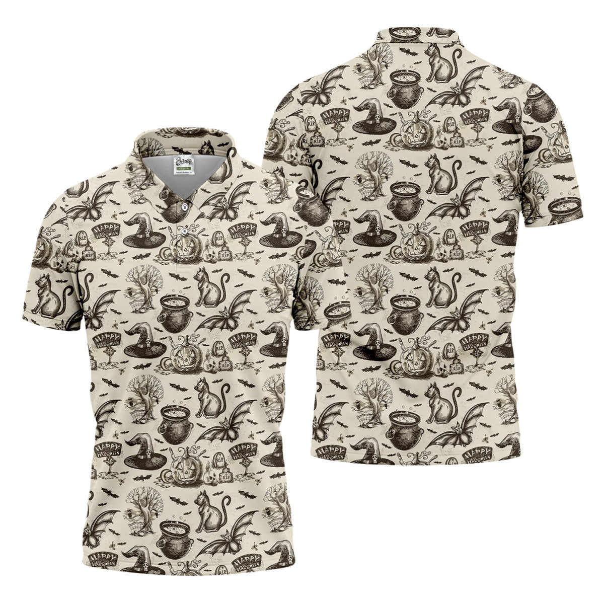 Halloween Witch Cat Pattern Men's Funny Golf Shirts, Unique Gift For Golfer, Polo For Men