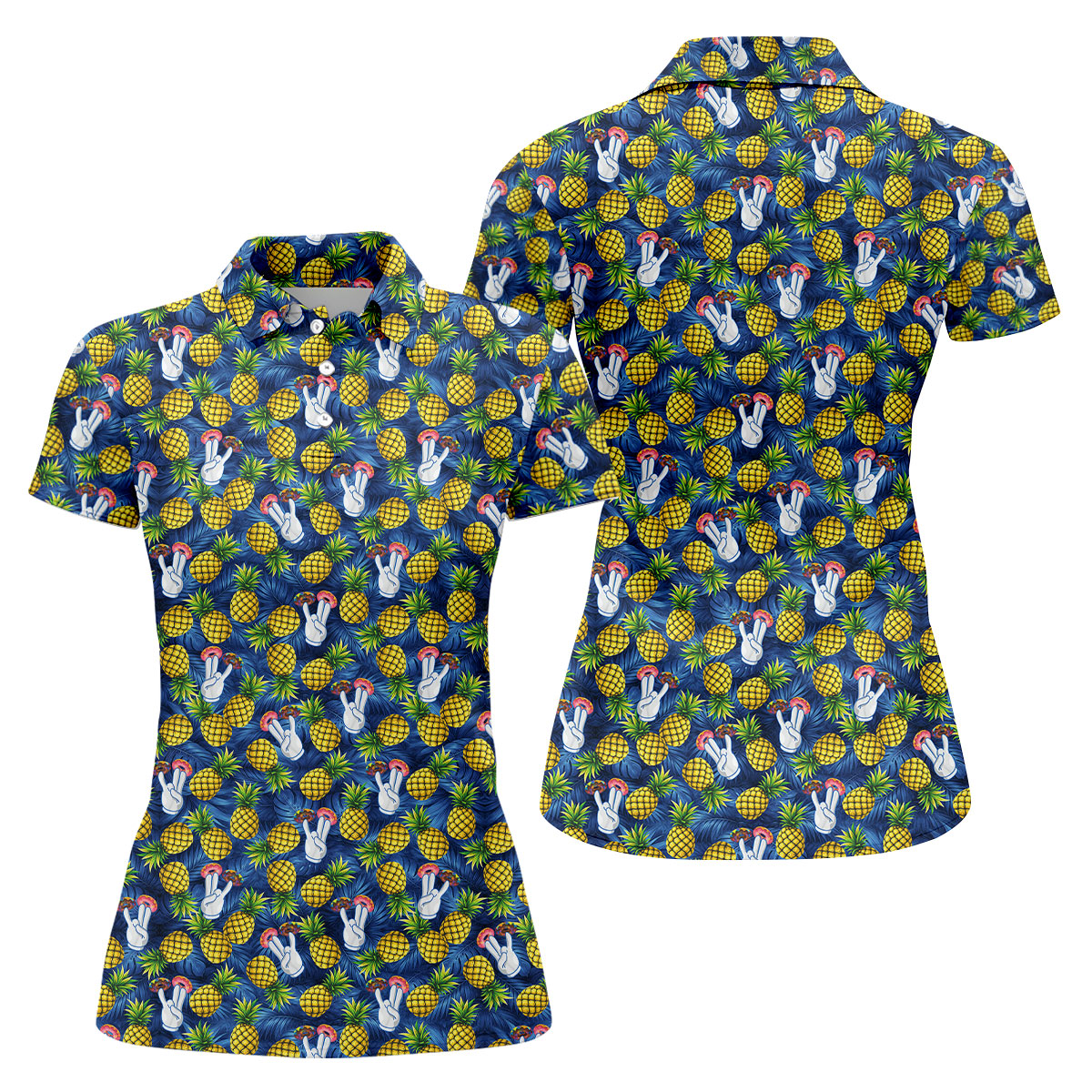Hawaiian Pineapples Donut Finger Blue Green Yellow Fun Women's Golf Shirts, Women's Golf Tops, Ladies Golf Shirts