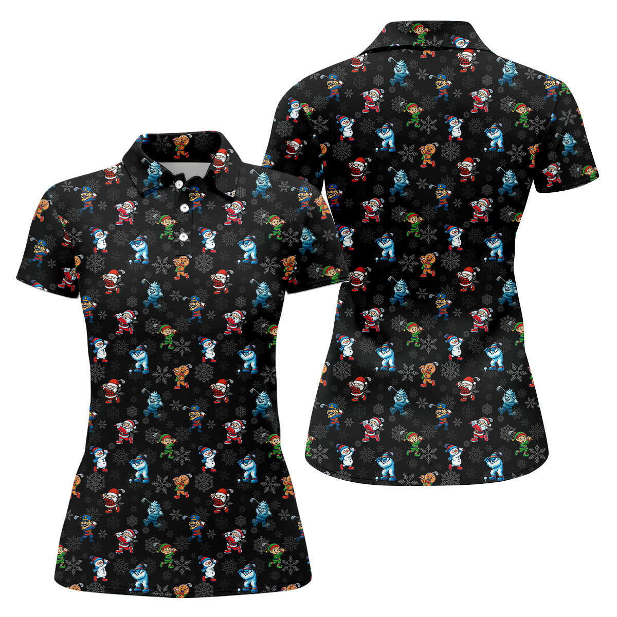 Funny Christmas Characters Golf Pose Black Golf Shirt, Christmas Golf Shirt, Ladies Golf Shirts, Women's Polo Shirt