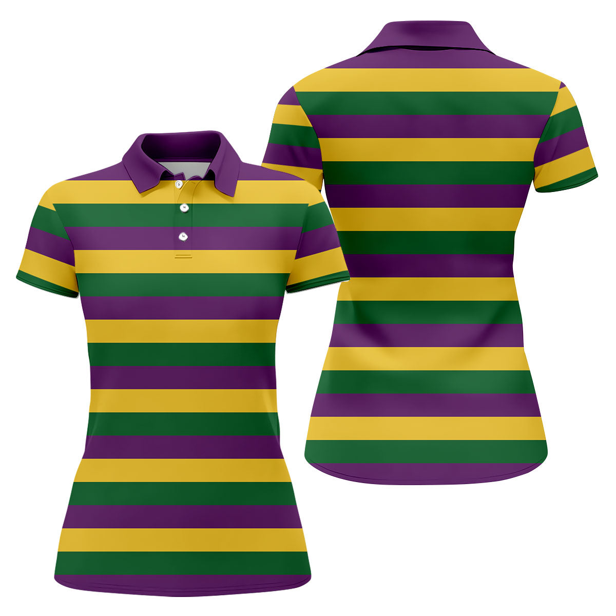 Gold Purple Green Mardi Gras Stripe Pattern Women Golf Top, Festive Ladies Golf Tops, Ladies Golf Shirts