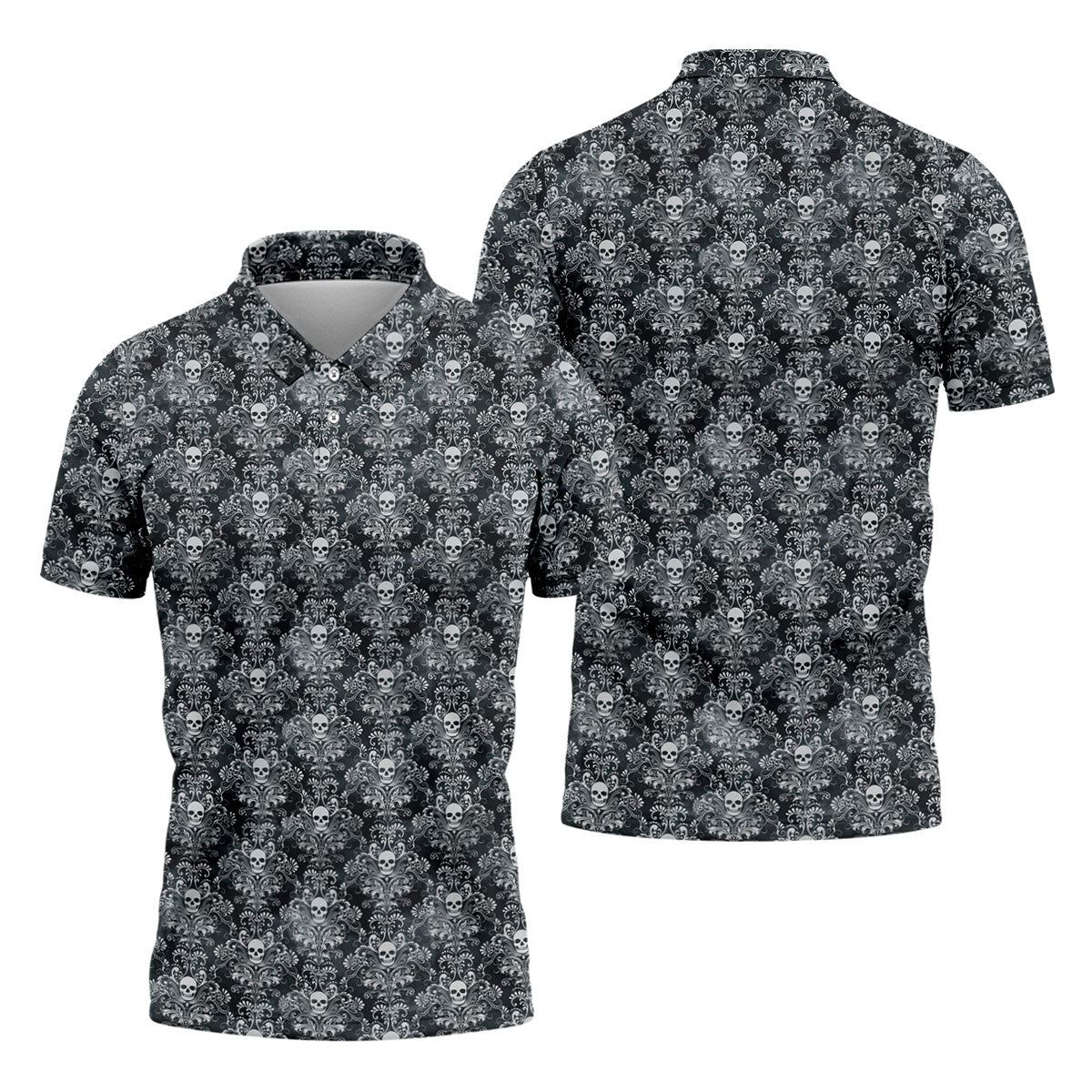 Skull Damask Charcoal Grey Gothic Floral Golf Tops For Men, Polo Shirtor Men, Golf Shirts For Men