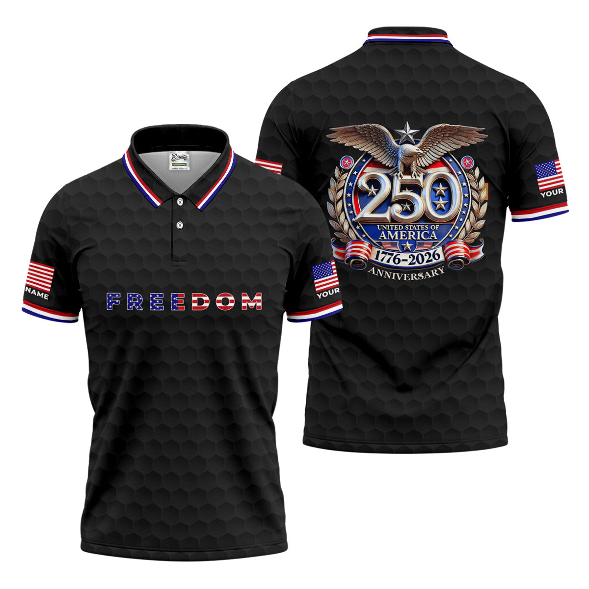 Freedom American Bald Eagle 250th Anniversary Black Golf Shirt, Patriotic 4th Of July Golf Shirts For Men