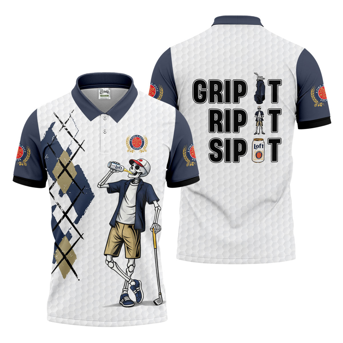 Funny Skeleton Golfer Drinking Beer Polo Shirt, Mens Golf Polo, Golf Apparel For Men