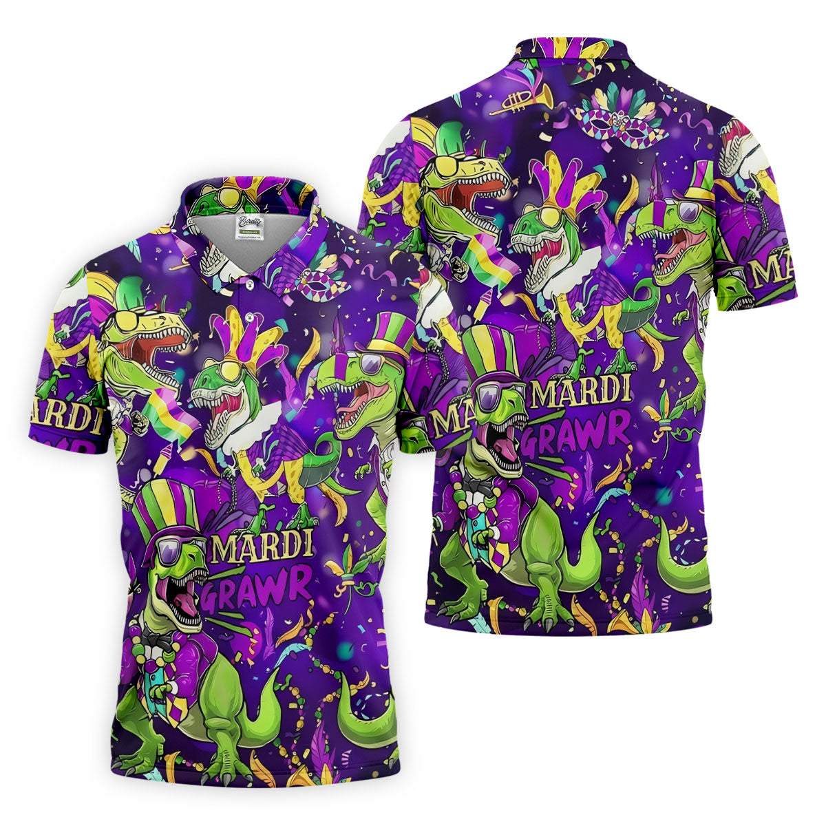 Mardi Grawr Purple Green Gold Funny Dinosaur Mardi Gras Golf Shirt, Golf Shirts For Men, Polo ShirtFor Men