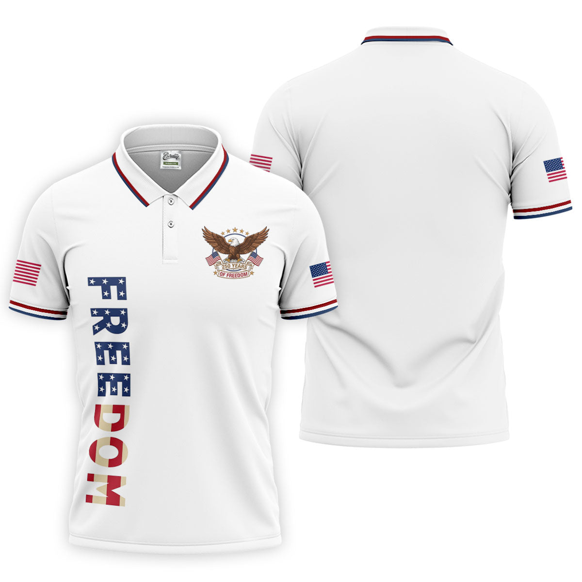 250 Years Of Freedom US Flag Logo White Golf Shirt, Patriotic 4th Of July Golf Shirts For Men