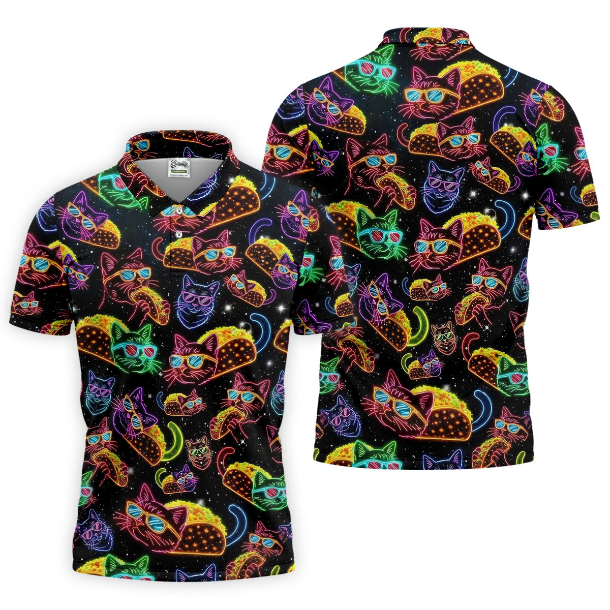 Neon Cat Taco Fiesta Time Hawaiian Golf Shirt, Cinco De Mayo Celebration Golf Shirts For Men