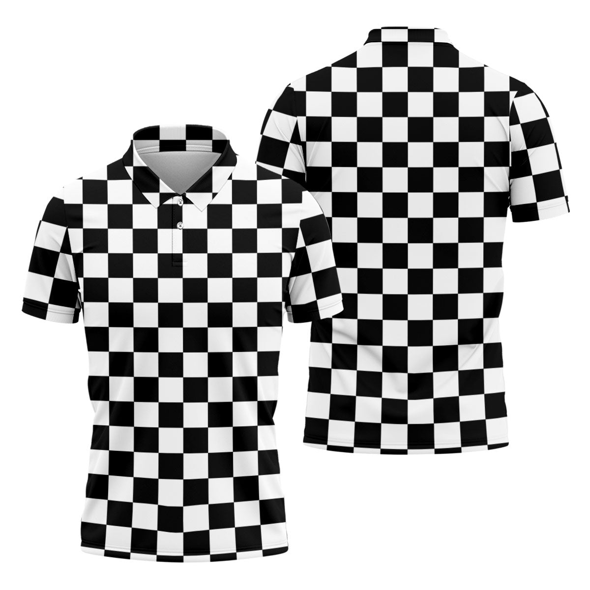 Black White Checkerboard Golf Shirt, Racing Flag Men's Golf Polo, Polo Shirts For Men