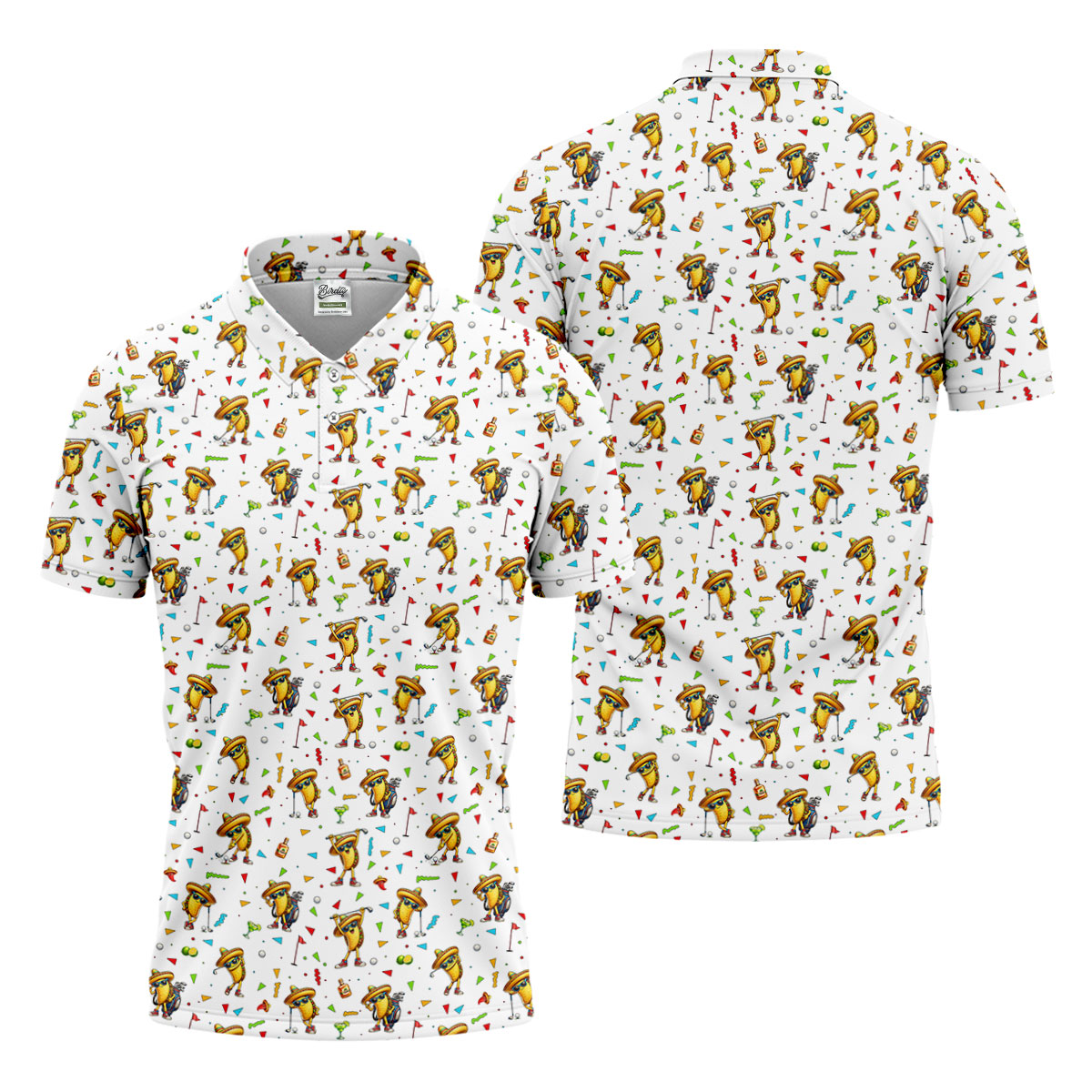 Fairway Fiesta Taco Margarita Mexico Theme White Golf Shirt, Men's Golf Shirts, Polo ShirtFor Men