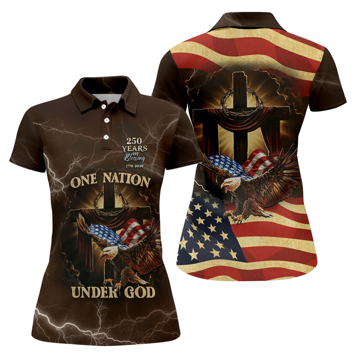 One Nation Under God 250 Years Faith Cross Patriotic Golf Shirt, 4th Of July Women's Golf Tops