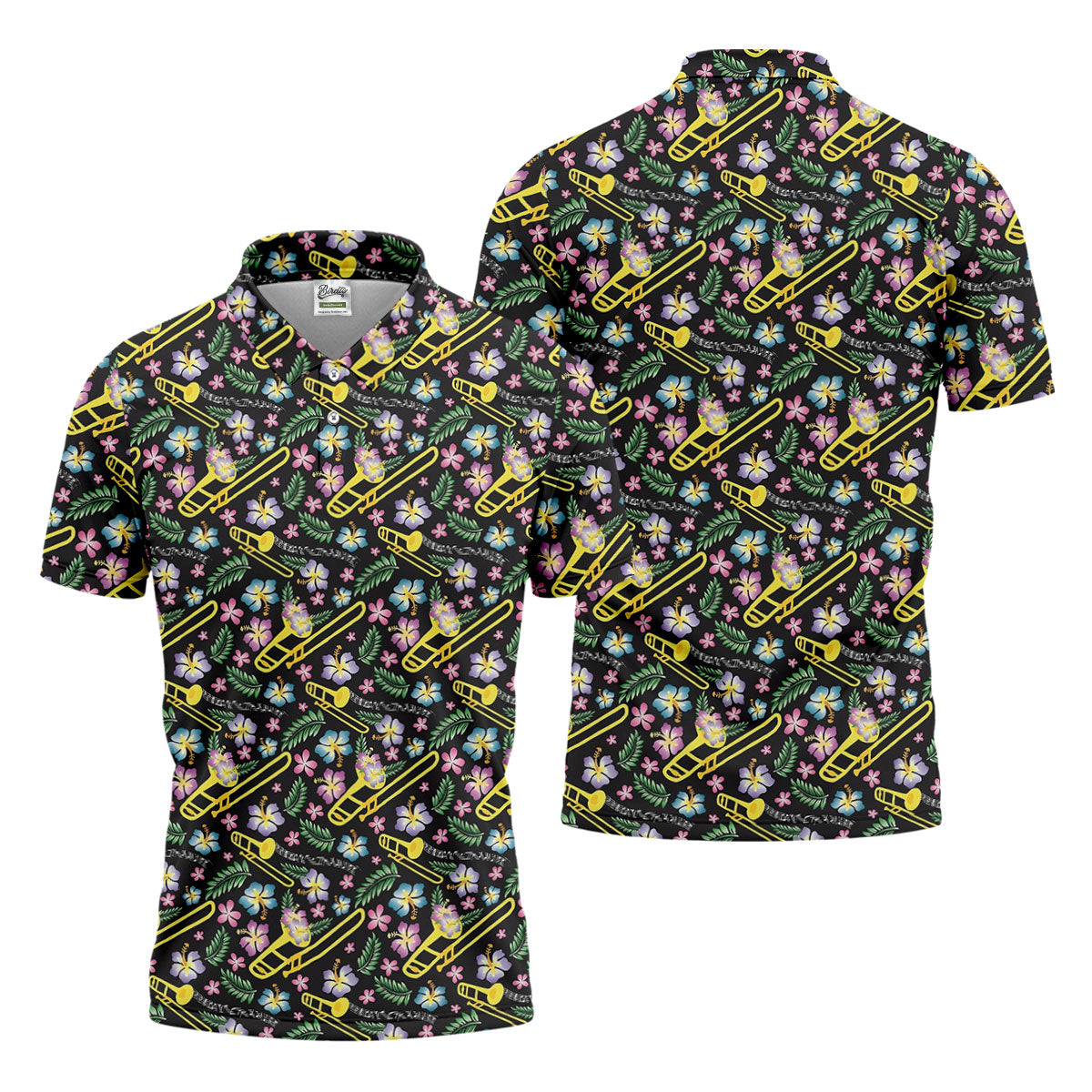 Trombones Floral Tropical Vibe Golf Tops For Men, Polo ShirtFor Men, Golf Shirts For Men
