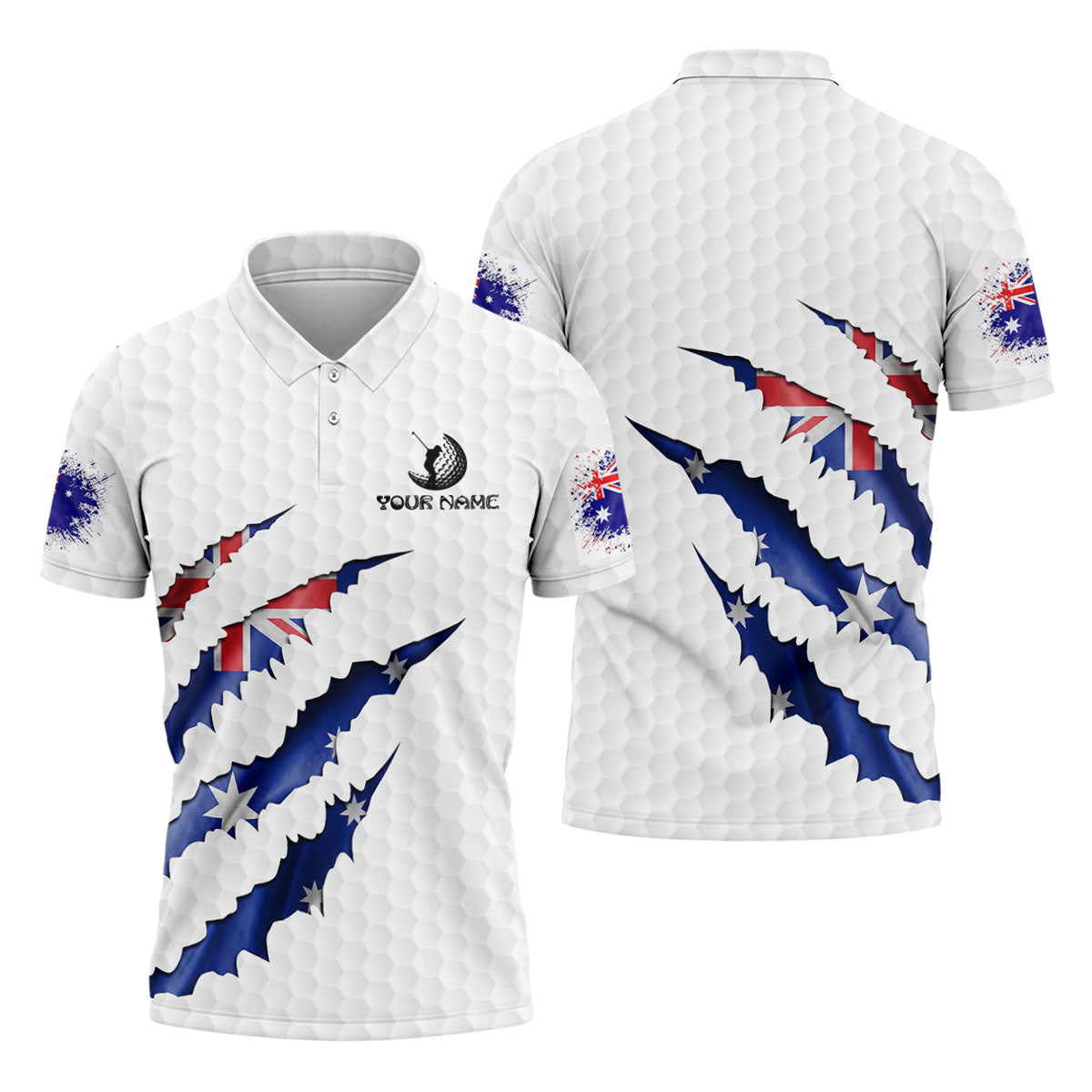 Golf Ball Pattern Australia Flag Print Scratch Effect Men's Golf Top, Golf Shirts For Men