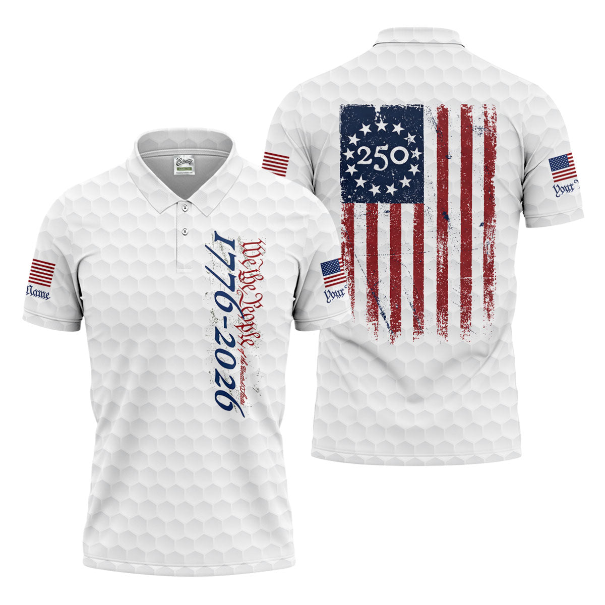 We The People Distressed American Flag White Golf Shirt, 250 Years Patriotic 4th Of July Golf Shirts For Men