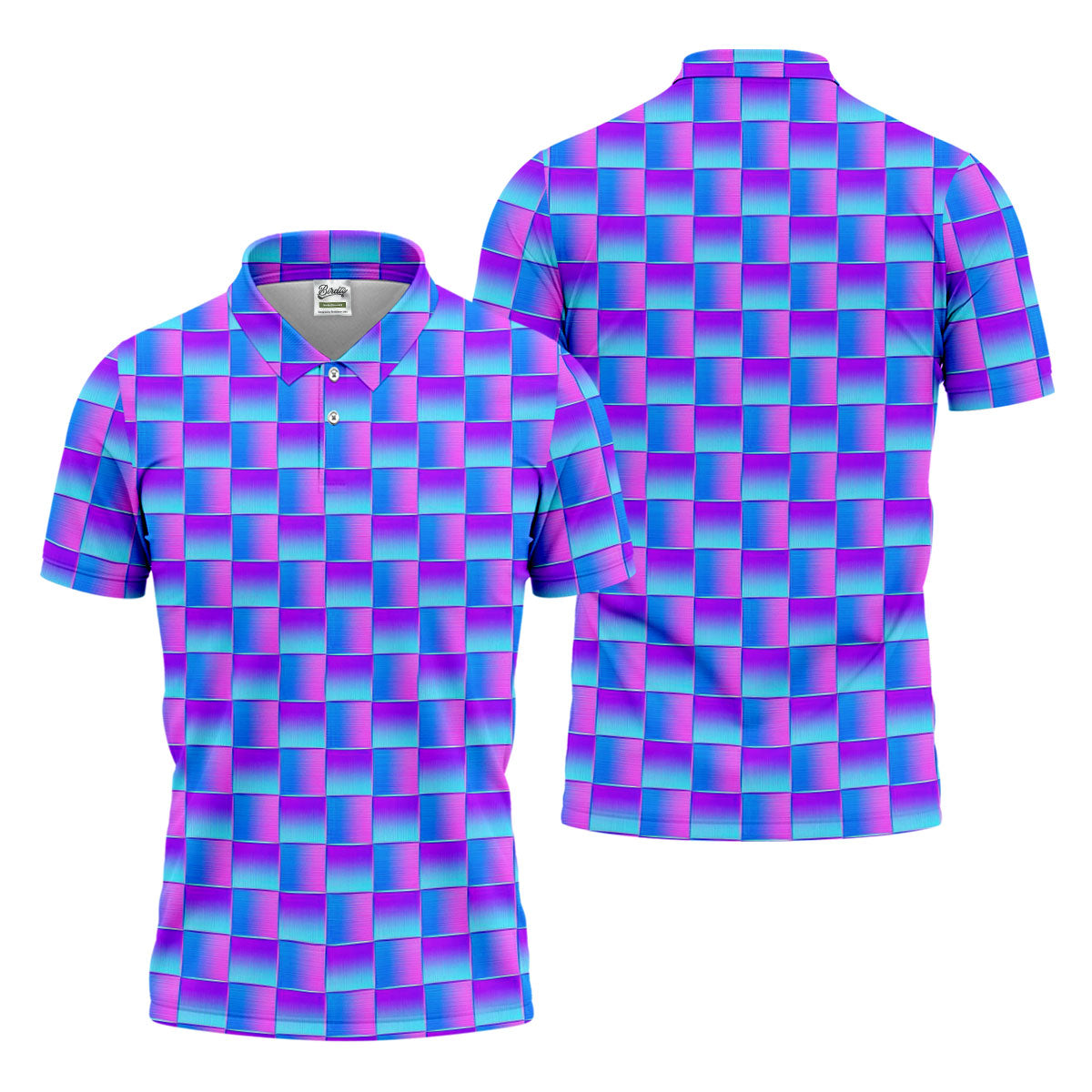 Purple Blue Gradient Checkered Pattern Golf Shirt, Mens Golf Polo, Printed Golf Shirts, Golf Polo Shirts For Men