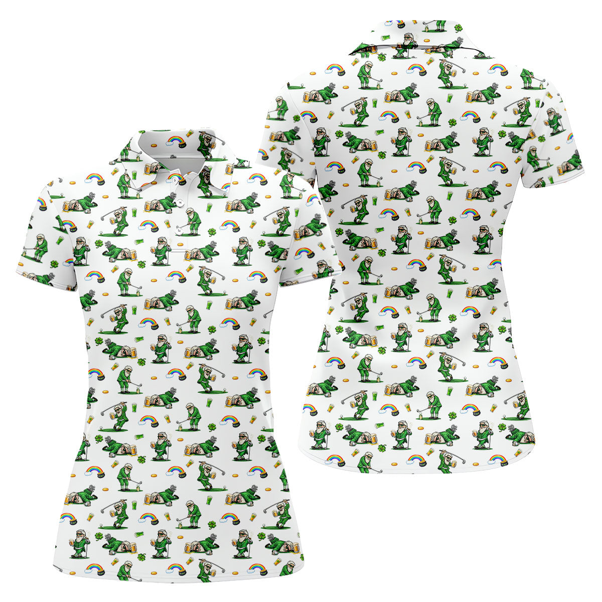 St Patrick's Day Leprechaun Character Golf And Beer White Golf Shirt, Fun Women's Golf Shirts, Ladies Golf Polos