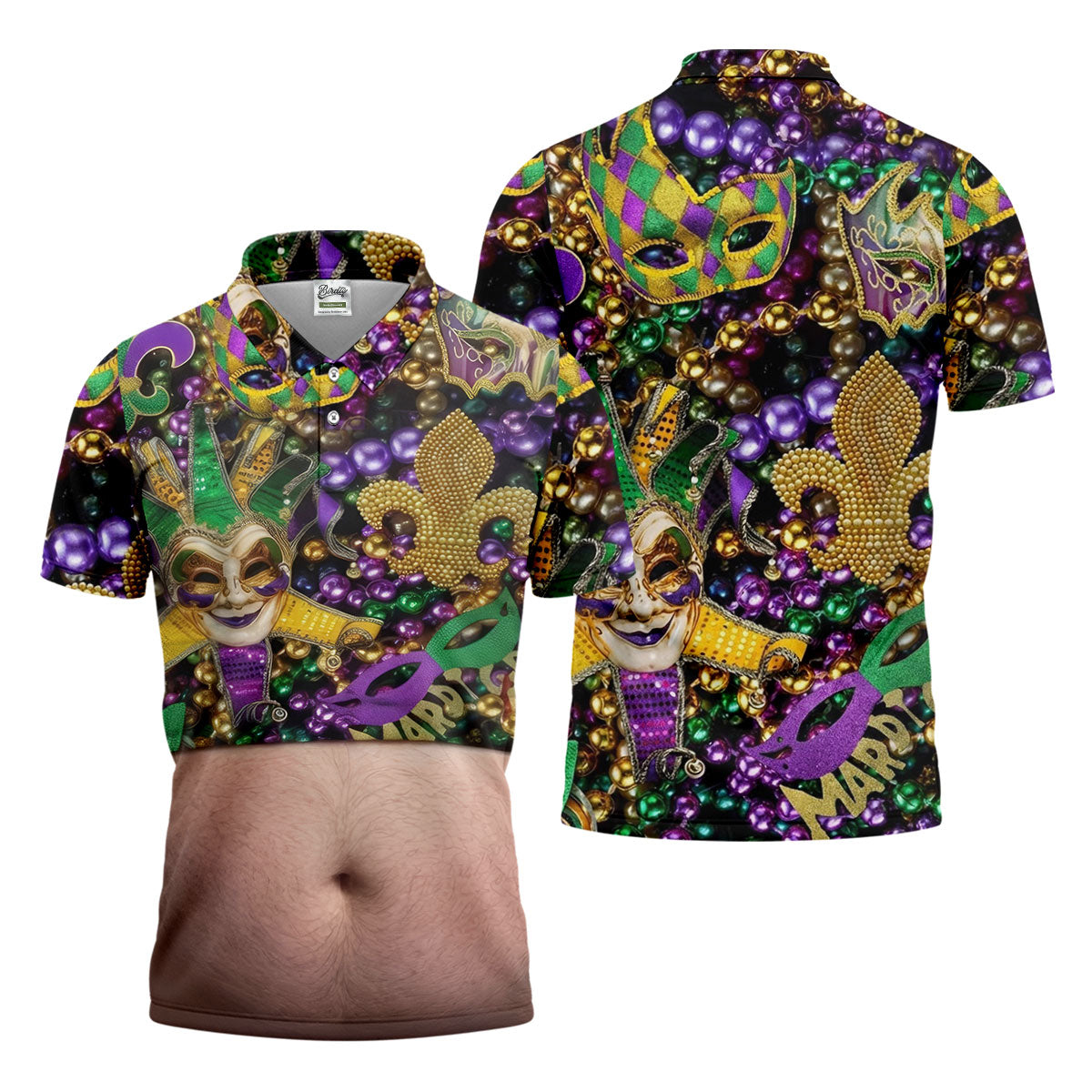 Mardi Gras Purple Green Gold Fleur De Lis Jester Mask Funny Tummy Golf Shirts For Men, Men's Funny Golf Shirts